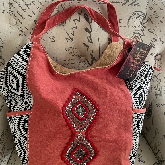 NWT CATORI Hira printed fabric scoop shopper embroidered hobo tote shoulder bag - Picture 10 of 10